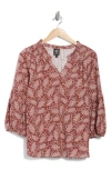 Bobeau Split Neck Balloon Sleeve Top In Burgundy