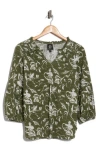 Bobeau Split Neck Balloon Sleeve Top In Green