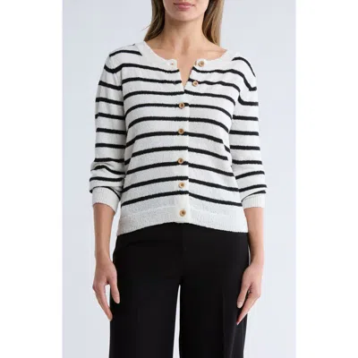 Bobeau Stripe Button Front Crop Cardigan In White