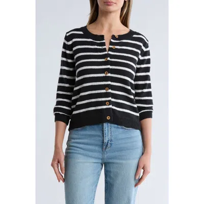Bobeau Stripe Button Front Crop Cardigan In Black