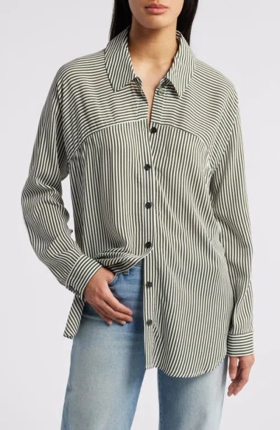 Bobeau Stripe Button-up Tunic In Ivory/ Olive Stripe