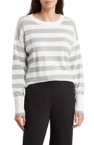 Bobeau Stripe Crewneck Pullover Sweater In Ivory/heather Grey