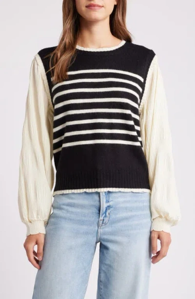 Bobeau Stripe Mixed Media Sweater In Black