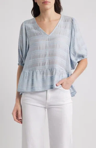 Bobeau Stripe Ruffle Hem Balloon Sleeve Top In Blue