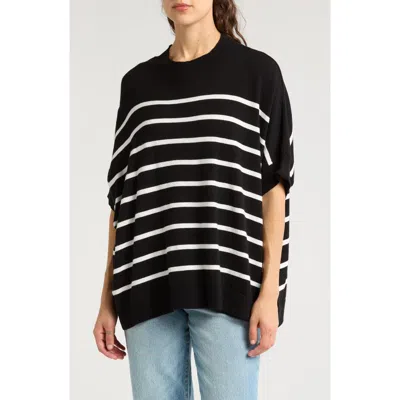 Bobeau Stripe Short Sleeve Mock Neck Sweater In Black/ivory