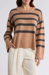 Bobeau Stripe Wide Sleeve Crop Sweater In Brown