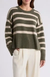 Bobeau Stripe Wide Sleeve Crop Sweater In Olive/oatmeal