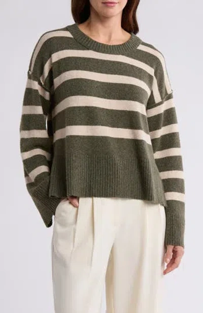 Bobeau Stripe Wide Sleeve Crop Sweater In Olive/oatmeal
