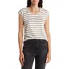 Bobeau Twist Back Directional Stripe Top In White/navy/taupe