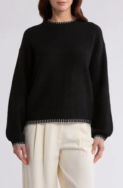 Bobeau Whipstitched Crewneck Sweater In Black/white