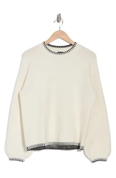 Bobeau Whipstitched Crewneck Sweater In Ivory/black