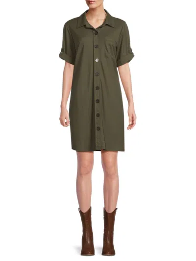 Bobeau Women's Elbow Sleeve Mini Shirtdress In Olive