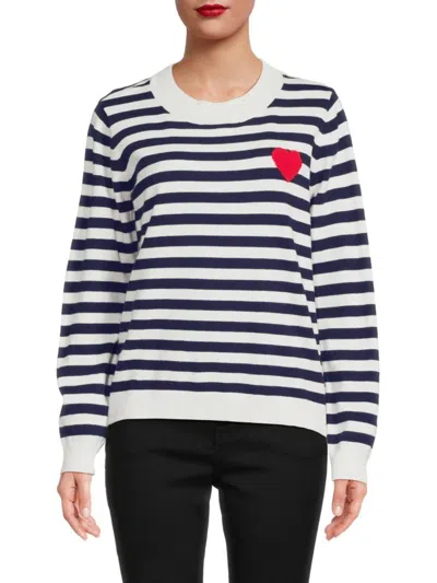 Bobeau Women's Heart Stripe Crewneck Sweater In White Navy