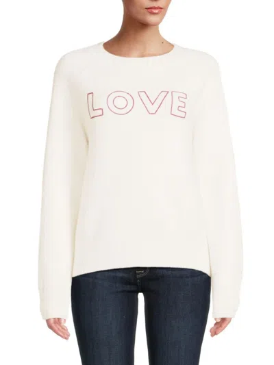 Bobeau Women's Love Crewneck Sweater In White Pink