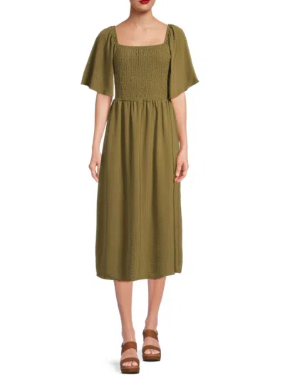 Bobeau Women's Mathilde Smocked Midi Dress In Olive