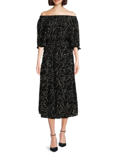 Bobeau Women's Print Off Shoulder Midi Dress In Black Ivory