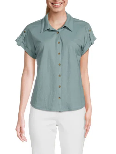 Bobeau Women's Short Sleeve Tab Cuff Shirt In Stone Blue