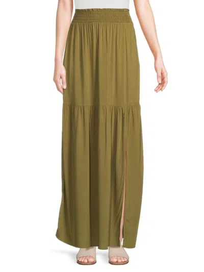 Bobeau Women's Smocked Slit Maxi Skirt In Olive