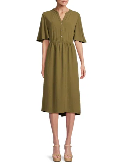 Bobeau Women's Split V Neck Midi Dress In Olive