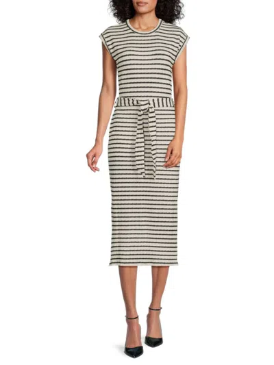 Bobeau Women's Striped Belted Midi-dress In Cream Black