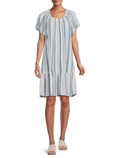 Bobeau Women's Striped Dress In Blue Linen
