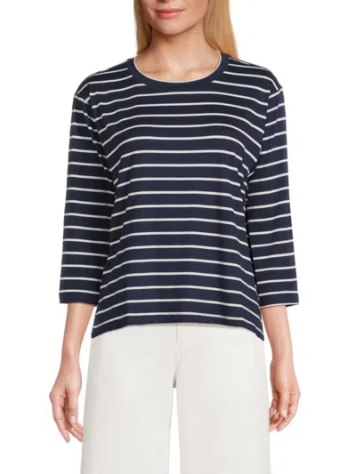Bobeau Women's Striped Pima Cotton Top In Navy Ivory