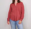 Bobi Ribbed Button Up Top In Canyon In Red