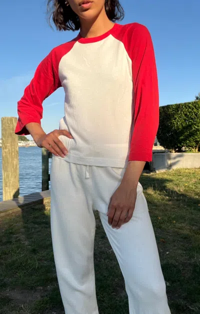 Bobi Color Block Crew Neck Raglan Top In Cream/lava In Multi