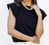 Bobi Flutter Sleeve Banded Crewneck Top In Black In Black