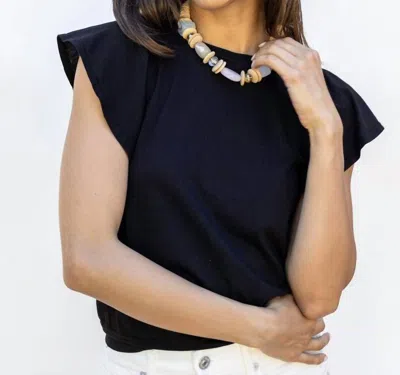 Bobi Flutter Sleeve Banded Crewneck Top In Black