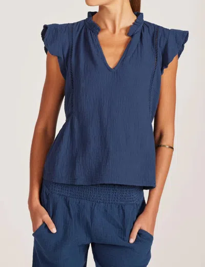 Bobi Flutter Sleeve Split Neck Top In Deep Seas In Blue