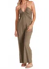 Bobi Halter Neck Wide Leg Jumpsuit In Pesto In Brown