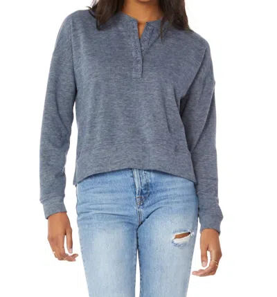 Bobi Long Sleeve Boxy Henley Sweatshirt In Blue