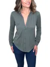 Bobi Long Sleeve Button Front Collar Tee In Dark Sage