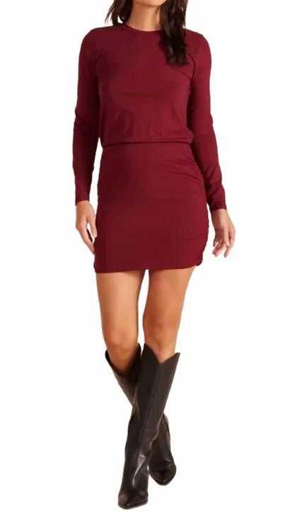 Bobi Long Sleeve Crew Neck Side Shirred Dress In Port In Red