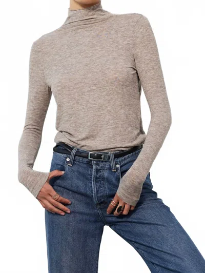Bobi Long Sleeve Mock Turtleneck Tee In Heather Brown