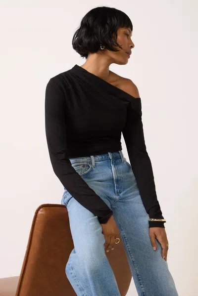 Bobi Off Shoulder Asymmetrical Gathered Top In Black