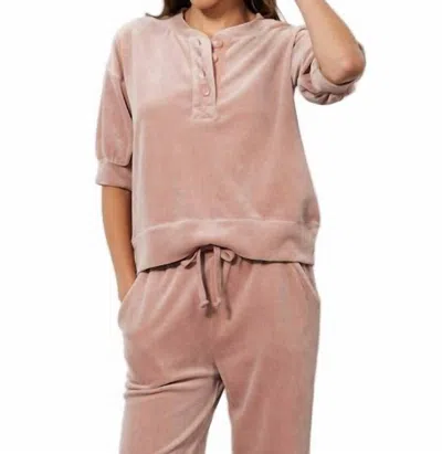 Bobi Puff Sleeve Boxy Henley Sweatshirt In Iced Latte In Pink