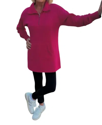 Bobi Quarter Zip Dress With Pockets In Berries In Pink