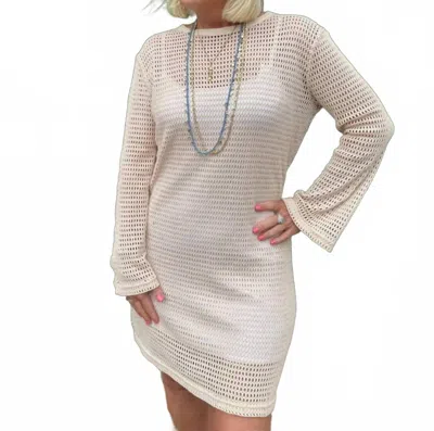 Bobi Sandy Crochet Bell Sleeve Mini Dress In Beige In White