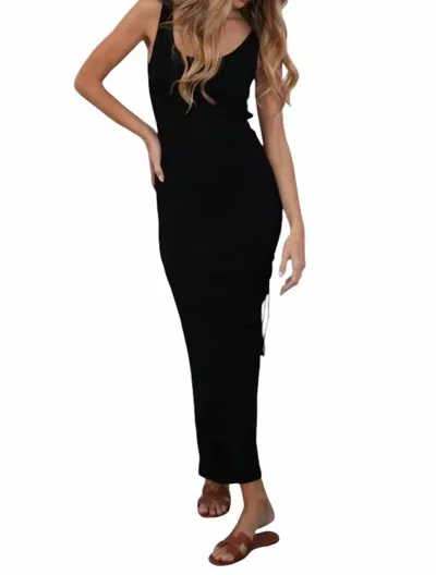 Bobi Scoop Neck Tie Shirred Slit Midi Dress In Black