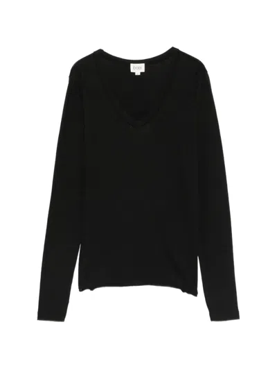 Bobi Seamed V-neck Long-sleeve T-shirt In Black