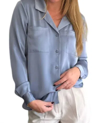 Bobi Silky Long Sleeve Button Up Top In Blue