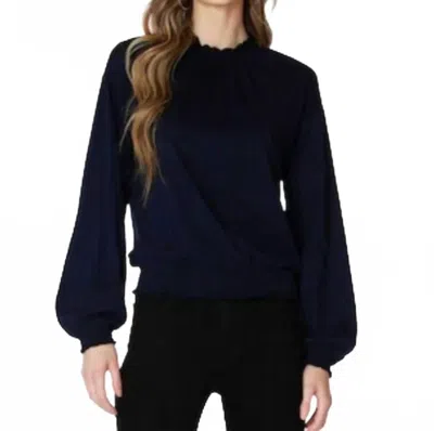 Bobi Smocked Shirred Turtleneck Long Sleeve Tee In Dark Navy In Blue