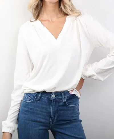 Bobi Split Neck Long Sleeve Shirred Tee In Macadamia In White