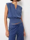 Bobi Split Neck Ribbed Tee In Blue In Multi