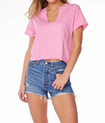 Bobi Split Neck Short Sleeve Boxy Raglan Tee In Neon Pink