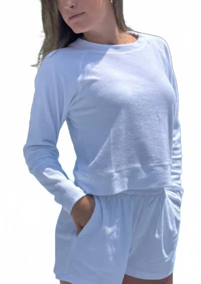 Bobi Terry Long Sleeve Raglan Top In White In Blue