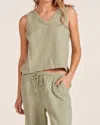 Bobi V Neck Raw Edge Tank Top In Juniper In Green