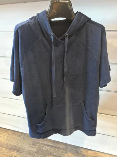 Bobi Women's Short Sleeeve Terry Hoodie In Navy In Blue